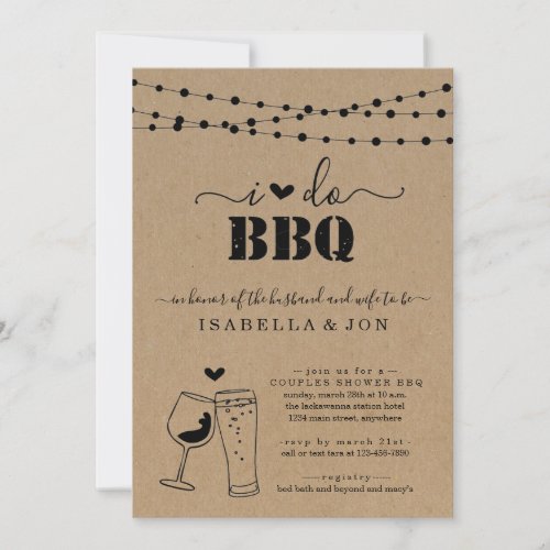 I Do BBQ Beer Wine Couple's Shower Engagement Invitation - A hand drawn beer and wine toast with string lights on a kraft background depicting your wonderfully rustic "I Do BBQ" celebration. Coordinating RSVP, Details, Registry, Thank You cards and other items are available in the 'Wonderfully Simple' Collection within my store.