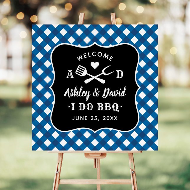 I Do BBQ Blue Gingham Monogram Wedding Welcome Foam Board (Creator Uploaded)
