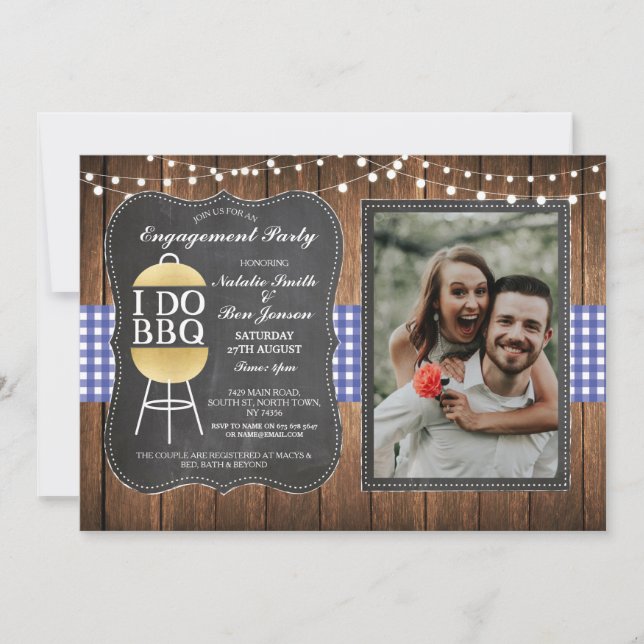 I DO BBQ Blue Gold Chalk Couples Shower Photo Invitation (Front)