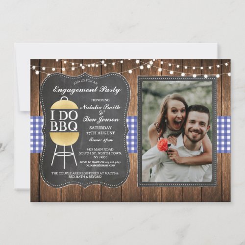 I DO BBQ Blue Gold Chalk Couples Shower Photo Invitation