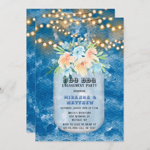 I Do BBQ Blue Lights Mason Jar Engagement Party  Invitation