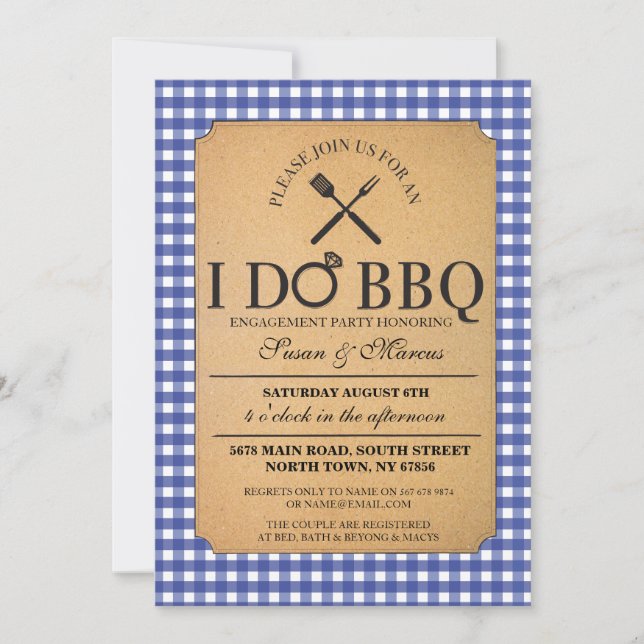 I DO BBQ Blue Vintage Party Engagement Invitation (Front)