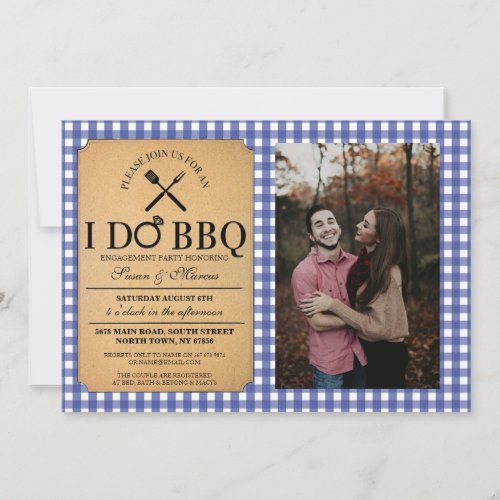 I DO BBQ Blue Vintage Party Engagement Photo Ring Invitation