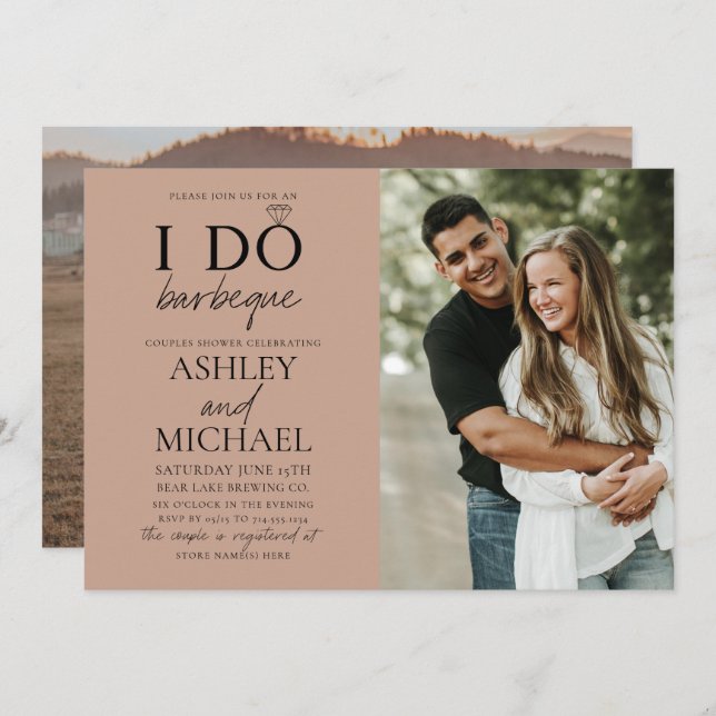 I Do BBQ Blush Brown 2 Photo Simple Script Shower Invitation (Front/Back)