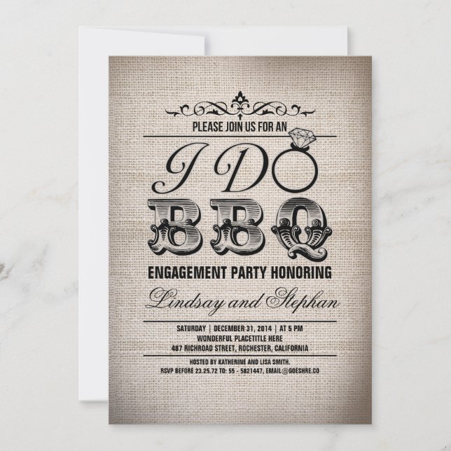 I do BBQ burlap engagement party invitation (Front)
