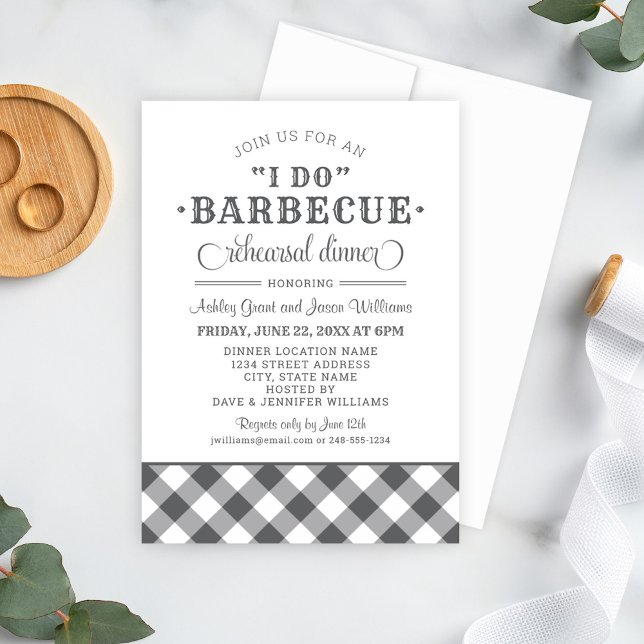 I Do BBQ Charcoal Gray Gingham Rehearsal Dinner Invitation (Creator Uploaded)