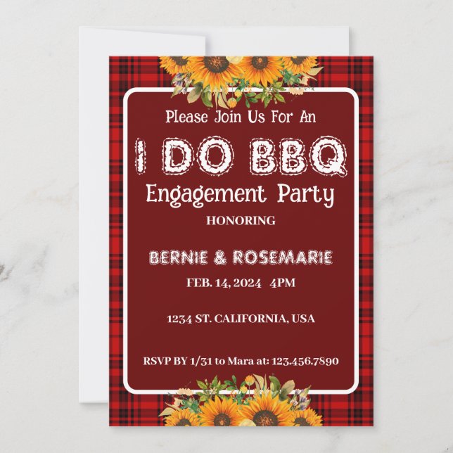 I DO BBQ Checkered Sunflower Engagement Party  Invitation (Front)
