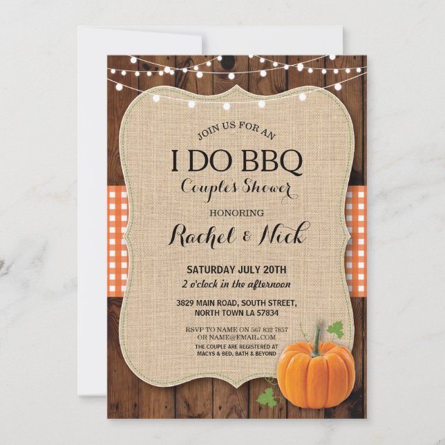 I DO BBQ Couples Shower Burlap Pumpkin Wood Invitation (Front)