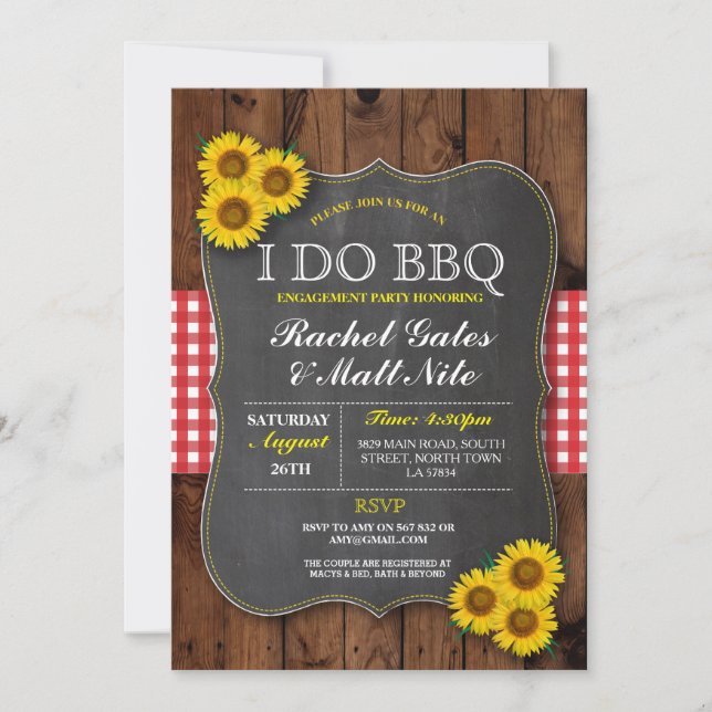 I DO BBQ Couples Shower Chalk Sunflower Red Invite (Front)