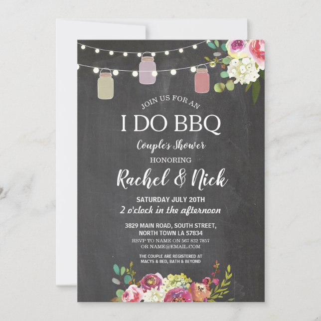 I DO BBQ Couples Shower Jars Lights Chalk Floral Invitation (Front)