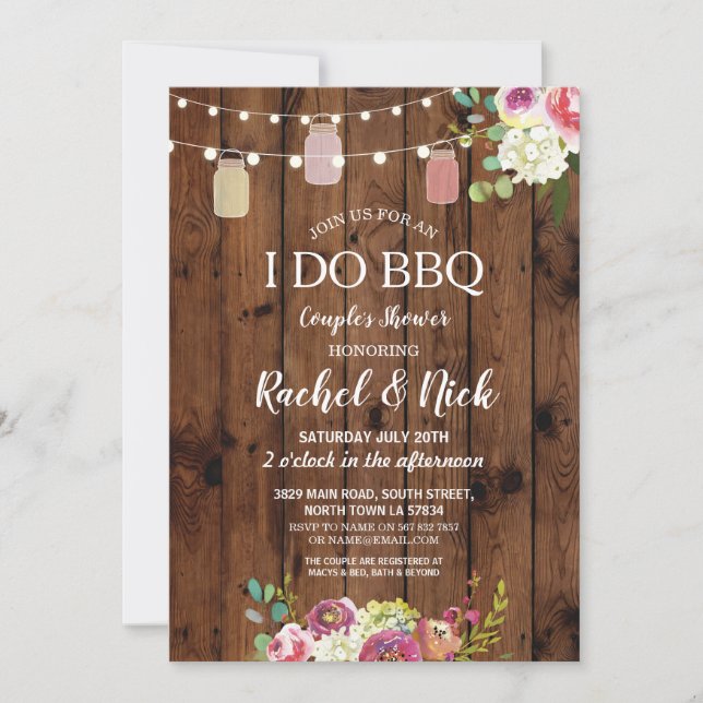I DO BBQ Couples Shower Jars Lights Wood Floral Invitation (Front)