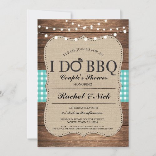 I DO BBQ Couples Shower Lights Gingham Teal Invite