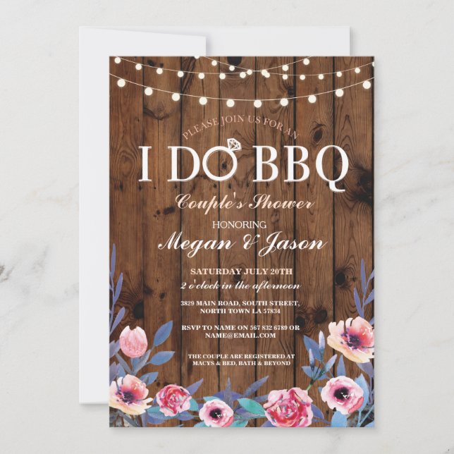 I DO BBQ Couples Shower Lights Wood Flower Invite (Front)