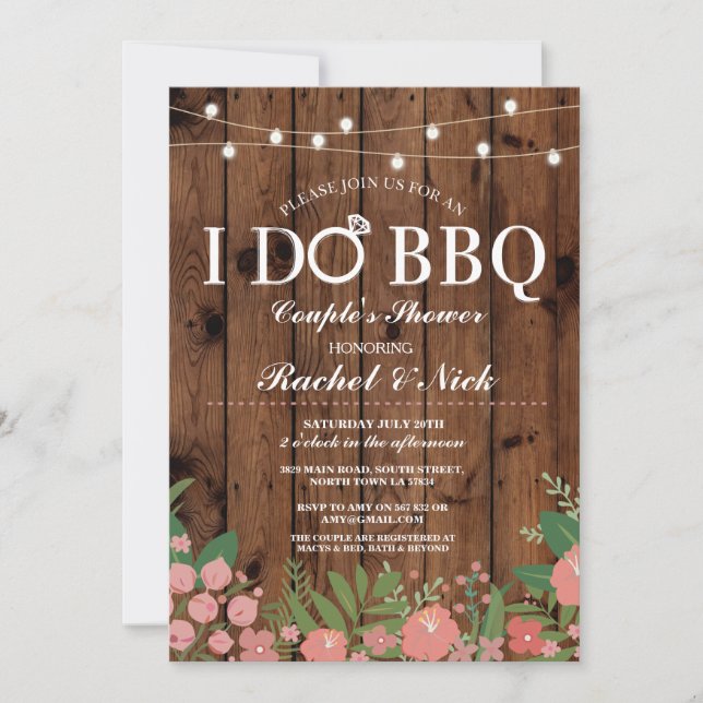 I DO BBQ Couples Shower Lights Wood Flowers Invite (Front)
