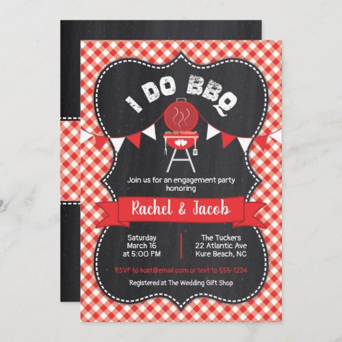 I DO BBQ Couples Shower Red Gingham on Chalkboard Invitation
