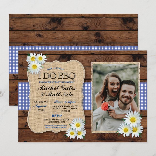 I DO BBQ Couples Shower Rustic Daisy Blue Photo Invitation (Front/Back)