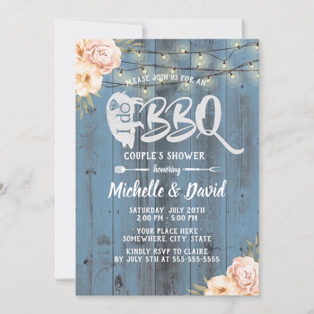 I DO BBQ Couples Shower Rustic Dusty Blue Floral Invitation (Front)
