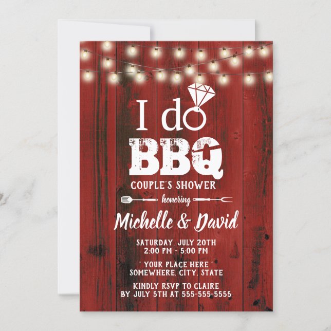 I DO BBQ Couples Shower Rustic Red Barn Wood Invitation (Front)