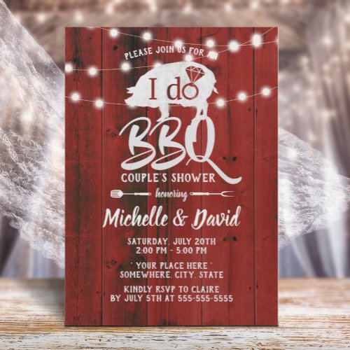 I DO BBQ Couples Shower Rustic Red Barn Wood Invitation