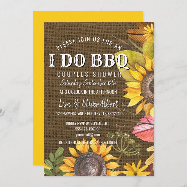 I Do BBQ Couples Shower Rustic Sunflowers Invitation (Front/Back)