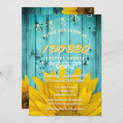 I Do BBQ Couples Shower Rustic Sunflowers Teal Invitation