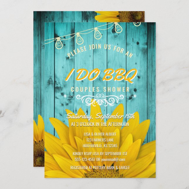 I Do BBQ Couples Shower Rustic Sunflowers Teal Invitation (Front/Back)