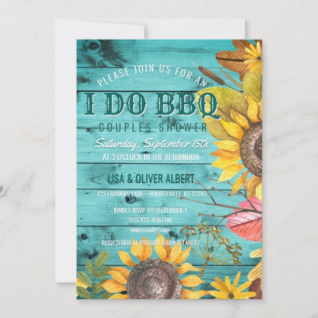 I Do BBQ Couples Shower Rustic Sunflowers Wood Invitation (Front)