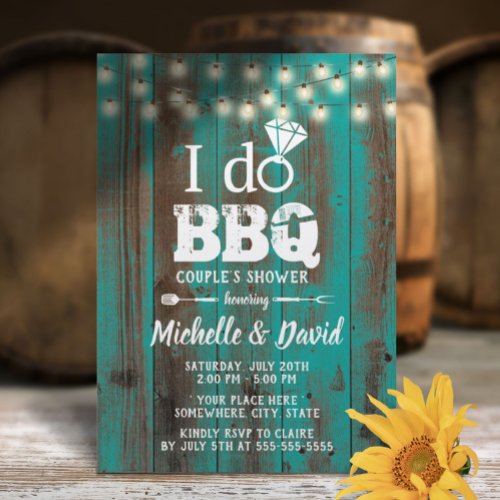 I DO BBQ Couples Shower Rustic Teal Barn Wood  Invitation
