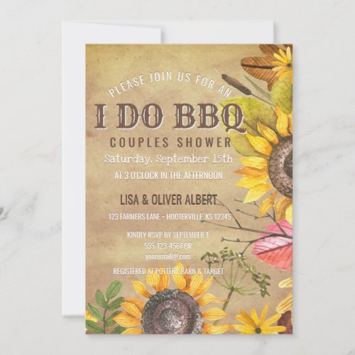 I Do BBQ Couples Shower Rustic Vintage Sunflowers Invitation