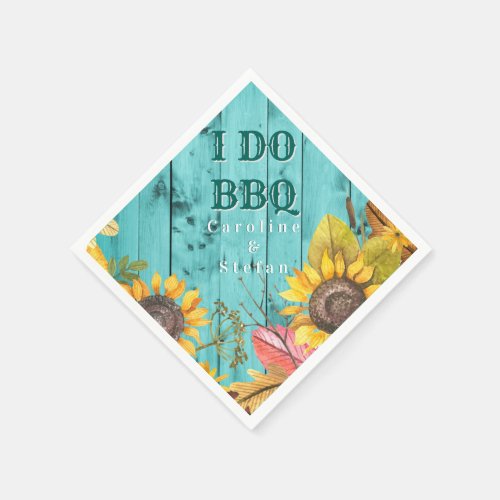 I Do BBQ Couples Shower Rustic Wood Sunflowers Paper Napkins