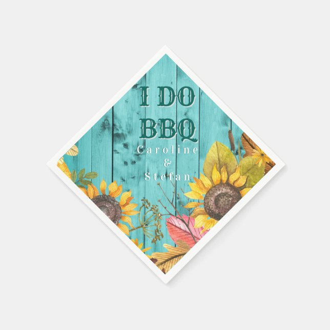 I Do BBQ Couples Shower Rustic Wood Sunflowers Paper Napkins (Corner)