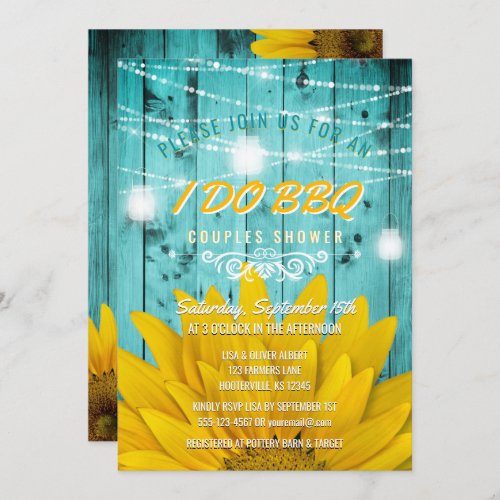 I Do BBQ Couples Shower String Lights Sunflowers Invitation