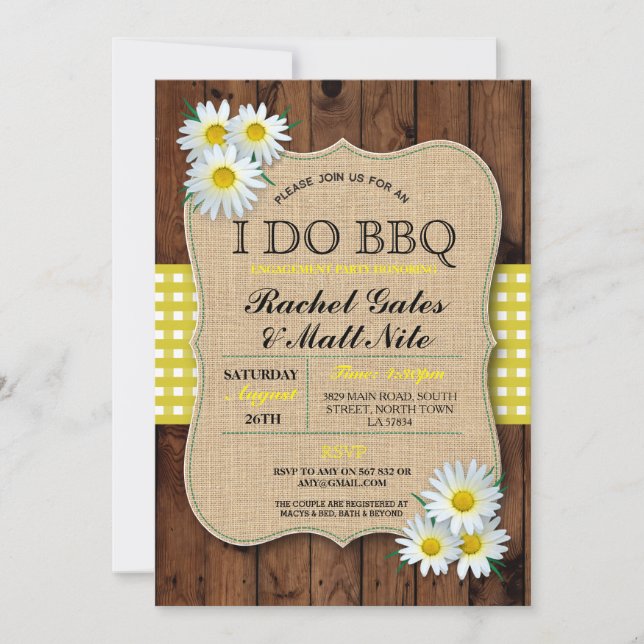 I DO BBQ Couples Shower Wood Daisy Flower Invite (Front)
