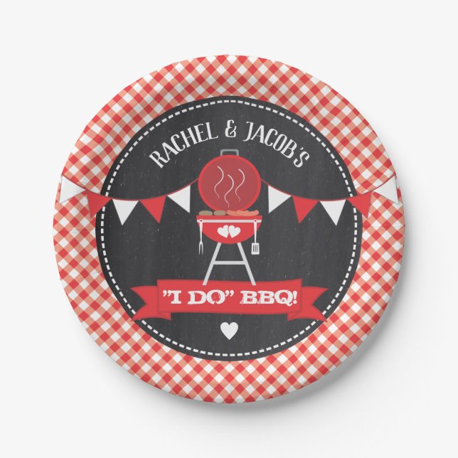 I DO BBQ Couples Wedding Engagement Red Chalkboard Paper Plates (Front)