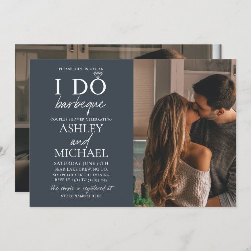 I Do BBQ Dusty Blue 2 Photo Simple Script Shower Invitation