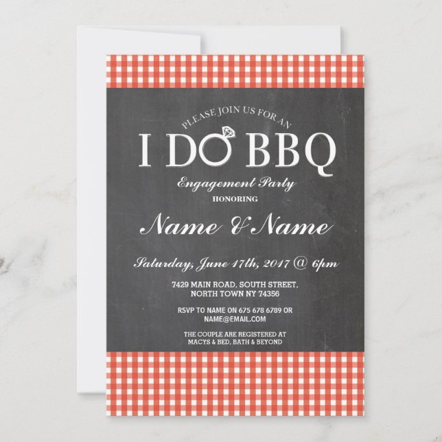 I DO BBQ Engagement Chalk Red Ring Invite (Front)