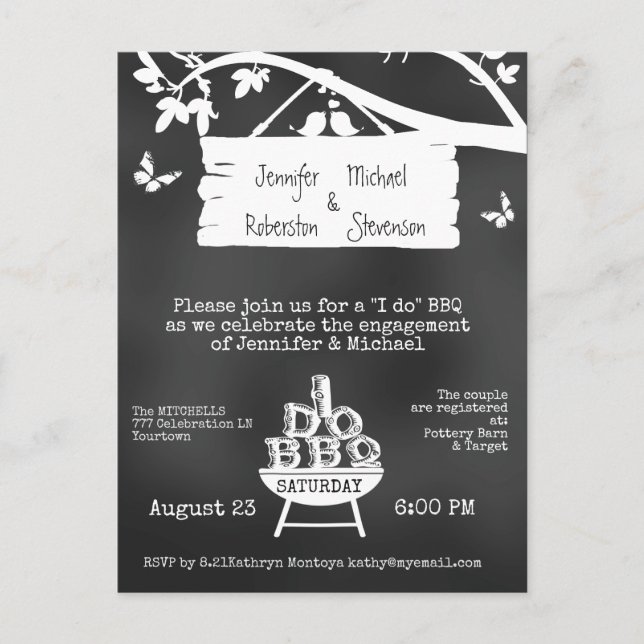 I Do | BBQ | Engagement Chalkboard Invitation Postcard (Front)
