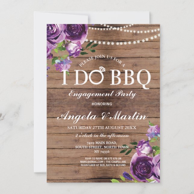 I DO BBQ Engagement Couples Shower Purple Floral Invitation (Front)