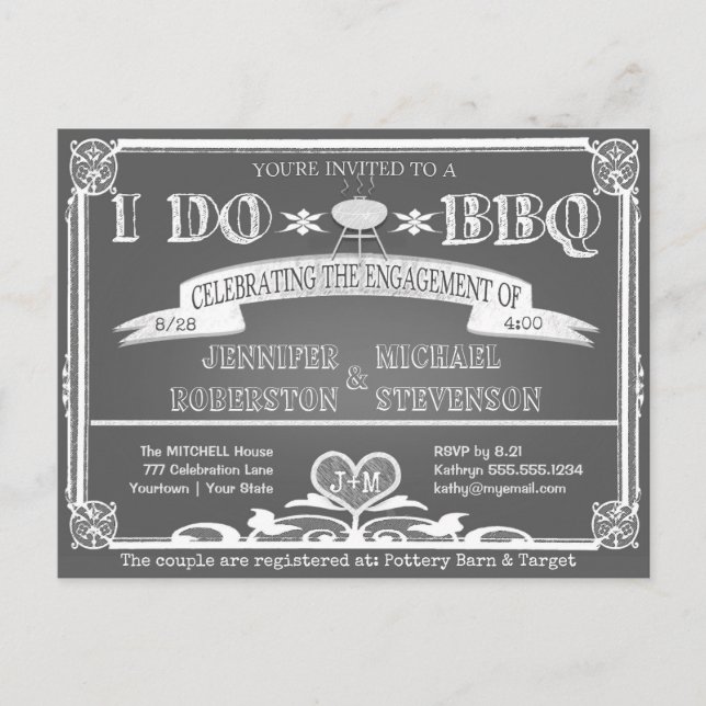 I Do | BBQ | Engagement Monogram Announcement Postcard (Front)