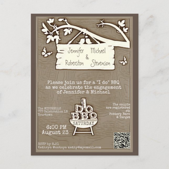 I Do | BBQ | Engagement Old Fashioned QR Code Invitation Postcard (Front)