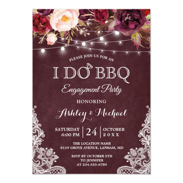 I DO BBQ Engagement Party Burgundy Floral Lights Invitation