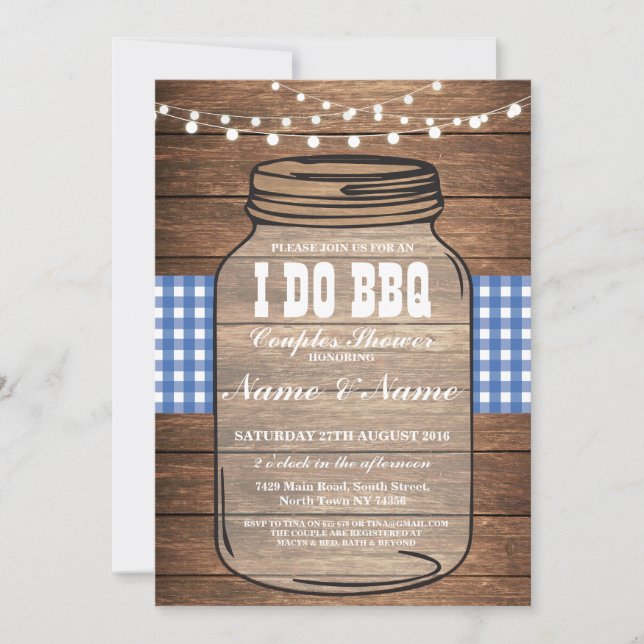 I DO BBQ Engagement Party Couples Blue Jar Invite (Front)