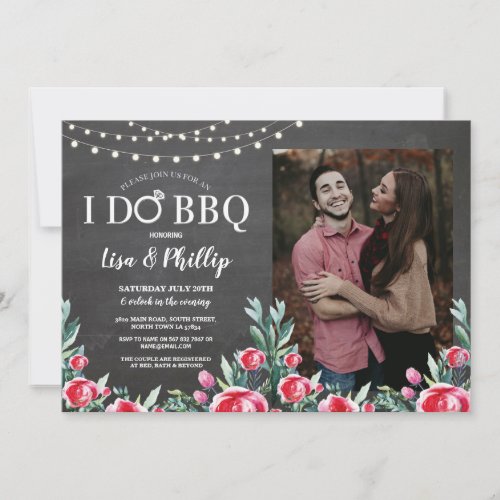 I Do BBQ Engagement Party Floral Chalk Red Photo Invitation