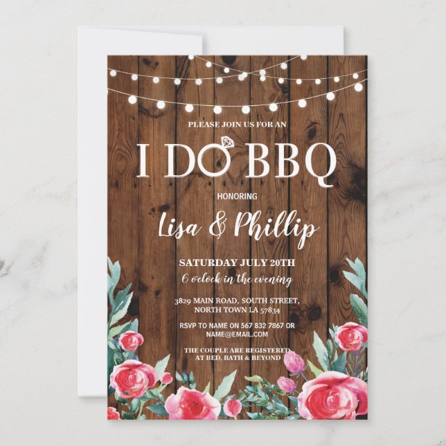 I Do BBQ Engagement Party Floral Wood Ring Invite (Front)