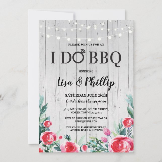 I Do BBQ Engagement Party Floral Wood Ring Invite (Front)