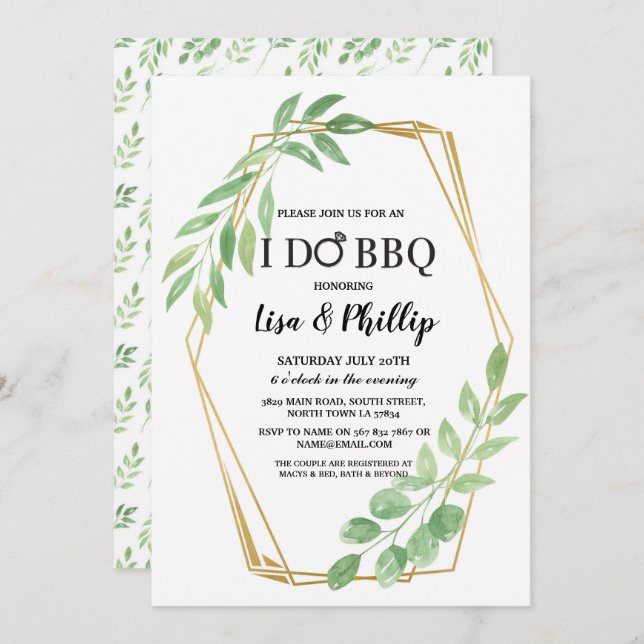 I Do BBQ Engagement Party Gold Frame Leaf Invitation (Front/Back)