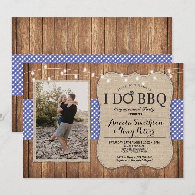I Do BBQ Engagement Party Photo Blue Check Invite (Front/Back)