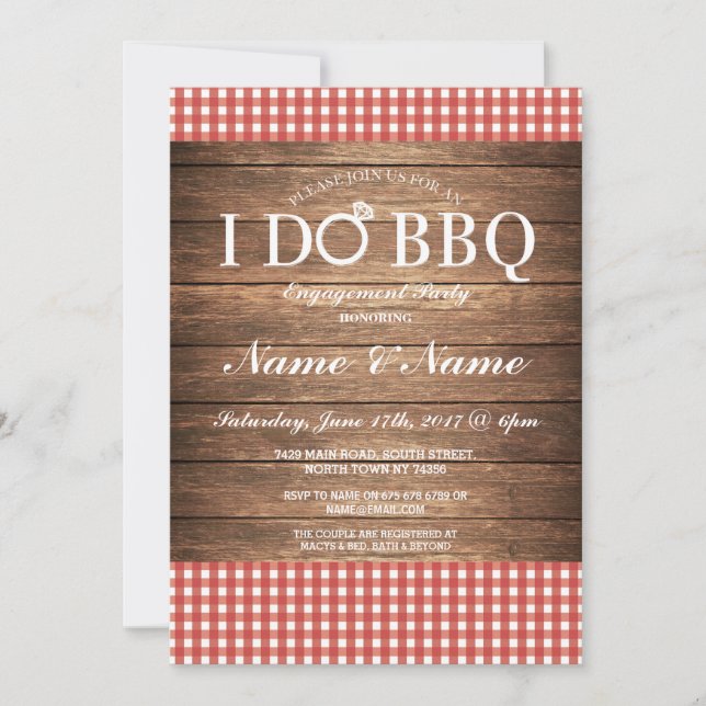 I DO BBQ Engagement Party Red Check Invite (Front)
