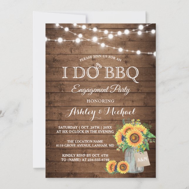 I DO BBQ Engagement Party Sunflowers String Lights Invitation (Front)