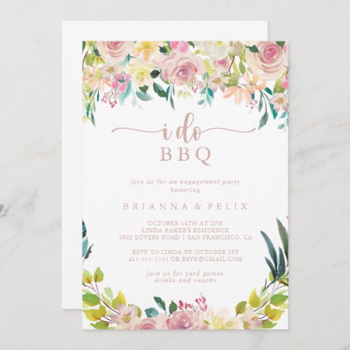 I Do BBQ Engagement Rose Gold Floral Party   Invitation